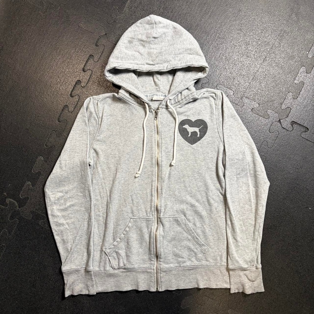Victoria Secret PINK Zip Up Hoodie Grey Heart Dog Logo Y2K Glam Womens Small